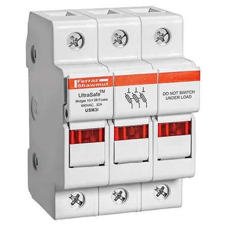 Mersen USM3I | Fuse Holder UltraSafe™ 600VAC 600VDC Midget 30A 3-Pole LED Pressure Plate IP20