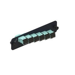 Commscope PNL-BK-012-MFA-LC02AQSHUTTERED | 760067173 Fiber Adapter Panel, 1000-Type, 6 LazrSPEED Multimode Duplex LC Aqua Fiber Adapters, Black Panel, Shuttered