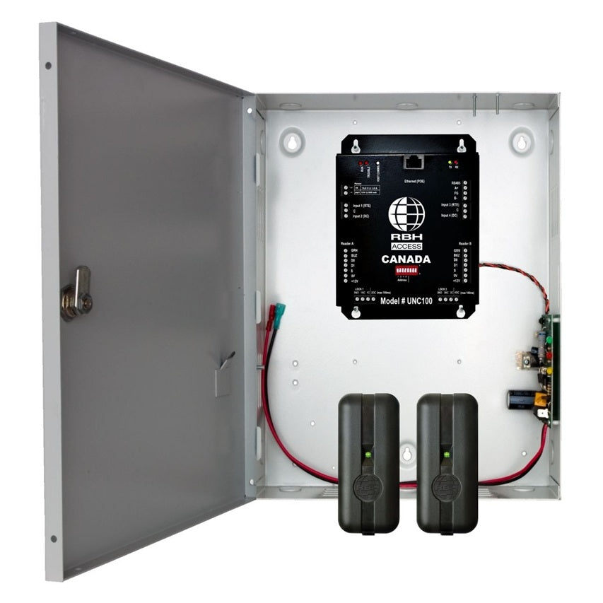 RBH Access Technologies Inc RBH-INT-UNC100-122S-360N-H | Access Control Panel, RS-485, Indoor, Wall Mount, 2 Doors, 4 Inputs, 4 Outputs, 2 Readers, 12 to 14 VDC Output, 5.5 x 7.75 x 1.5 in.