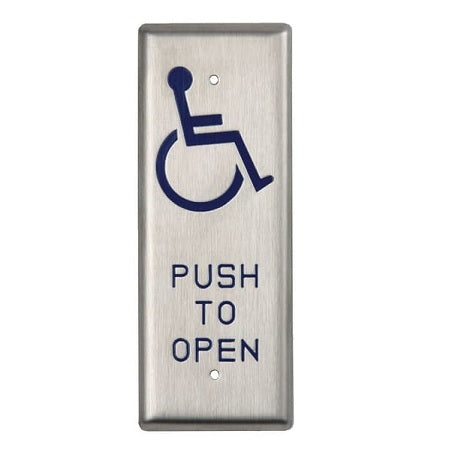 Rutherford Controls 941HP-MO X 32D | Mullion Push Plate, Handicap Symbol, Push to Open, Momentary, Satin Stainless Steel