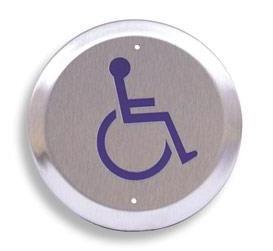 Rutherford Controls 950H6-MO X 32D | 6 Inch Round Pushplate with Handicap Logo, Momentary