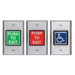 Security Door Controls 424U | Illuminated Exit Switch, 1-Gang, Momentary, Dpdt, Push To Exit Legend, 5 Ampere At 12/24 Volt Dc, 2-7/8" W X 4-1/2" H, Stainless Steel, Green