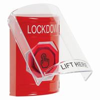 Safety Technology SS2026LD-EN | Red Indoor Only Flush or Surface Momentary (Illuminated) with Red Lens Stopper Station with LOCKDOWN Label English