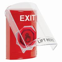 Safety Technology SS2026XT-EN | Red Indoor Only Flush or Surface Momentary (Illuminated) with Red Lens Stopper Station with EXIT Label English