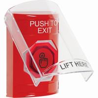 Safety Technology SS2027PX-EN | Red Indoor Only Flush or Surface Weather Resistant Momentary (Illuminated) with Red Lens Stopper Station with PUSH TO EXIT Label English