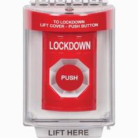 Safety Technology SS2034LD-EN | Red Indoor/Outdoor Flush Momentary Stopper Station with LOCKDOWN Label English