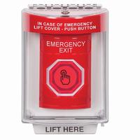 Safety Technology SS2036EX-EN | Red Indoor/Outdoor Flush Momentary (Illuminated) with Red Lens Stopper Station with EMERGENCY EXIT Label English