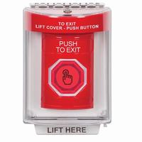Safety Technology SS2036PX-EN | Red Indoor/Outdoor Flush Momentary (Illuminated) with Red Lens Stopper Station with PUSH TO EXIT Label English