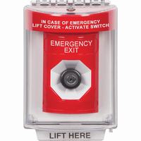 Safety Technology SS2043EX-EN | Red Indoor/Outdoor Flush with Horn Key-to-Activate Stopper Station with EMERGENCY EXIT Label English