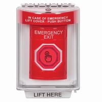 Safety Technology SS2046EX-EN | Red Indoor/Outdoor Flush with Horn Momentary (Illuminated) with Red Lens Stopper Station with EMERGENCY EXIT Label English