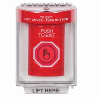 Safety Technology SS2047PX-EN | Red Indoor/Outdoor Flush with Horn Weather Resistant Momentary (Illuminated) with Red Lens Stopper Station with PUSH TO EXIT Label English