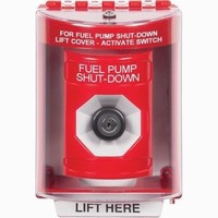 Safety Technology SS2073PS-EN | Red Indoor/Outdoor Surface Key-to-Activate Stopper Station with FUEL PUMP SHUT DOWN Label English