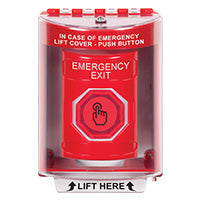 Safety Technology SS2086EX-EN | Red Indoor/Outdoor Surface with Horn Momentary (Illuminated) with Red Lens Stopper Station with EMERGENCY EXIT Label English