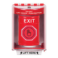 Safety Technology SS2086XT-EN | Red Indoor/Outdoor Surface with Horn Momentary (Illuminated) with Red Lens Stopper Station with EXIT Label English