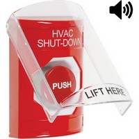 Safety Technology SS20A4HV-EN | Red Indoor Only Flush or Surface with Horn Momentary Stopper Station with HVAC SHUT DOWN Label English
