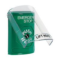 Safety Technology SS2120ES-EN | Green Indoor Only Flush or Surface Key-to-Reset Stopper Station with EMERGENCY STOP Label English