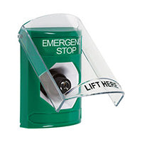 Safety Technology SS2123ES-EN | Green Indoor Only Flush or Surface Key-to-Activate Stopper Station with EMERGENCY STOP Label English