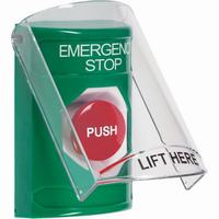Safety Technology SS2124ES-EN | Green Indoor Only Flush or Surface Momentary Stopper Station with EMERGENCY STOP Label English