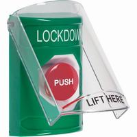 Safety Technology SS2124LD-EN | Green Indoor Only Flush or Surface Momentary Stopper Station with LOCKDOWN Label English