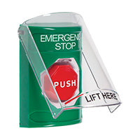 Safety Technology SS2125ES-EN | Green Indoor Only Flush or Surface Momentary (Illuminated) Stopper Station with EMERGENCY STOP Label English