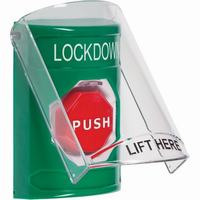 Safety Technology SS2125LD-EN | Green Indoor Only Flush or Surface Momentary (Illuminated) Stopper Station with LOCKDOWN Label English