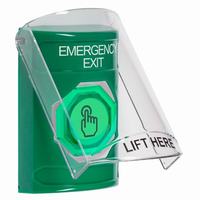 Safety Technology SS2126EX-EN | Green Indoor Only Flush or Surface Momentary (Illuminated) with Green Lens Stopper Station with EMERGENCY EXIT Label English