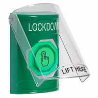 Safety Technology SS2126LD-EN | Green Indoor Only Flush or Surface Momentary (Illuminated) with Green Lens Stopper Station with LOCKDOWN Label English