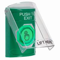 Safety Technology SS2126PX-EN | Green Indoor Only Flush or Surface Momentary (Illuminated) with Green Lens Stopper Station with PUSH TO EXIT Label English