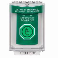 Safety Technology SS2136PO-EN | Green Indoor/Outdoor Flush Momentary (Illuminated) with Green Lens Stopper Station with EMERGENCY POWER OFF Label English