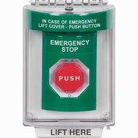 Safety Technology SS2139ES-EN | Green Indoor/Outdoor Flush Turn-to-Reset (Illuminated) Stopper Station with EMERGENCY STOP Label English