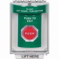 Safety Technology SS2139PX-EN | Green Indoor/Outdoor Flush Turn-to-Reset (Illuminated) Stopper Station with PUSH TO EXIT Label English