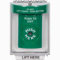 Safety Technology SS2140PX-EN | Green Indoor/Outdoor Flush with Horn Key-to-Reset Stopper Station with PUSH TO EXIT Label English