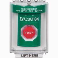 Safety Technology SS2142EV-EN | Green Indoor/Outdoor Flush with Horn Key-to-Reset (Illuminated) Stopper Station with EVACUATION Label English