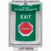 Safety Technology SS2142XT-EN | Green Indoor/Outdoor Flush with Horn Key-to-Reset (Illuminated) Stopper Station with EXIT Label English