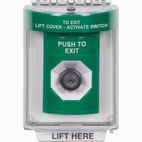 Safety Technology SS2143PX-EN | Green Indoor/Outdoor Flush with Horn Key-to-Activate Stopper Station with PUSH TO EXIT Label English