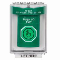 Safety Technology SS2147PX-EN | Green Indoor/Outdoor Flush with Horn Weather Resistant Momentary (Illuminated) with Green Lens Stopper Station with PUSH TO EXIT Label English