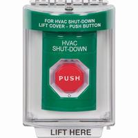Safety Technology SS2149HV-EN | Green Indoor/Outdoor Flush with Horn Turn-to-Reset (Illuminated) Stopper Station with HVAC SHUT DOWN Label English