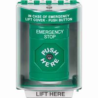 Safety Technology SS2170ES-EN | Green Indoor/Outdoor Surface Key-to-Reset Stopper Station with EMERGENCY STOP Label English