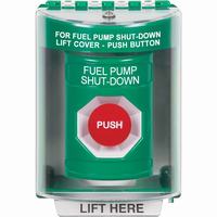 Safety Technology SS2174PS-EN | Green Indoor/Outdoor Surface Momentary Stopper Station with FUEL PUMP SHUT DOWN Label English
