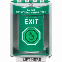 Safety Technology SS2176XT-EN | Green Indoor/Outdoor Surface Momentary (Illuminated) with Green Lens Stopper Station with EXIT Label English