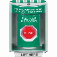 Safety Technology SS2182PS-EN | Green Indoor/Outdoor Surface with Horn Key-to-Reset (Illuminated) Stopper Station with FUEL PUMP SHUT DOWN Label English