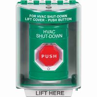 Safety Technology SS2189HV-EN | Green Indoor/Outdoor Surface with Horn Turn-to-Reset (Illuminated) Stopper Station with HVAC SHUT DOWN Label English