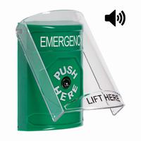 Safety Technology SS21A0EM-EN | Green Indoor Only Flush or Surface with Horn Key-to-Reset Stopper Station with EMERGENCY Label English
