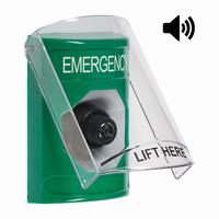 Safety Technology SS21A3EM-EN | Green Indoor Only Flush or Surface with Horn Key-to-Activate Stopper Station with EMERGENCY Label English