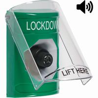 Safety Technology SS21A3LD-EN | Green Indoor Only Flush or Surface with Horn Key-to-Activate Stopper Station with LOCKDOWN Label English