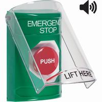 Safety Technology SS21A4ES-EN | Green Indoor Only Flush or Surface with Horn Momentary Stopper Station with EMERGENCY STOP Label English