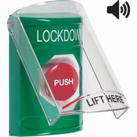 Safety Technology SS21A4LD-EN | Green Indoor Only Flush or Surface with Horn Momentary Stopper Station with LOCKDOWN Label English