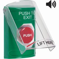 Safety Technology SS21A4PX-EN | Green Indoor Only Flush or Surface with Horn Momentary Stopper Station with PUSH TO EXIT Label English