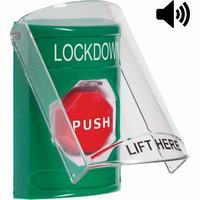 Safety Technology SS21A5LD-EN | Green Indoor Only Flush or Surface with Horn Momentary (Illuminated) Stopper Station with LOCKDOWN Label English