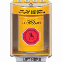 Safety Technology SS2286HV-EN | Yellow Indoor/Outdoor Surface with Horn Momentary (Illuminated) with Red Lens Stopper Station with HVAC SHUT DOWN Label English